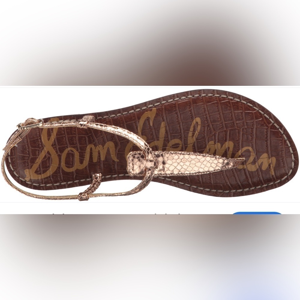 Sam Edelman 9.5 Gigi Snake Embossed Rose Gold Metallic Leather T Strap Sandals